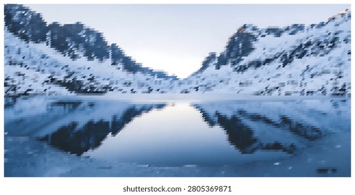 Serene alpine landscape with snow covered hills mirroring on still water surface, winter wilderness scene at dawn with soft blue tones and sky light.