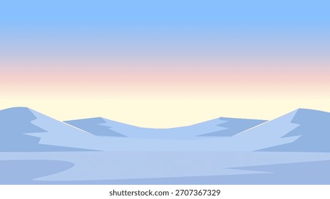 A serene arctic dawn landscape featuring soft pastel skies, snowy hills, and a peaceful winter horizon. This minimalist cold climate illustration is perfect for nature themes, travel backgrounds.