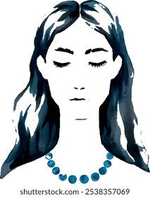 A serene and artistic watercolor portrait of a woman with closed eyes, wearing a blue necklace, embodying tranquility and elegance. Ideal for themes of meditation, beauty, and contemplation.