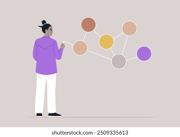 In a serene atmosphere, an individual engages in connecting various colored dots, symbolizing creativity and collaboration