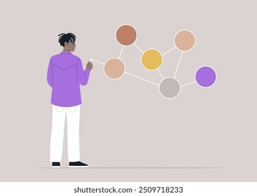 In a serene atmosphere, an individual engages in connecting various colored dots, symbolizing creativity and collaboration