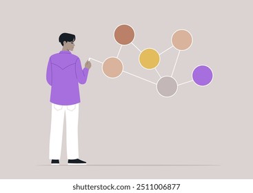 In a serene atmosphere, an individual engages in connecting various colored dots, symbolizing creativity and collaboration