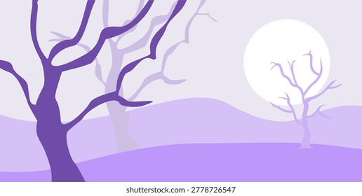 A serene and atmospheric vector illustration featuring a dreamy purple landscape. The scene showcases silhouettes of leafless winter trees against a soft lavender sky with a large, glowing full moon and rolling hills in the background. Perfect for nature-themed backgrounds, spooky designs, or minimalist wall art.