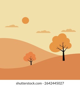 Uma serena paisagem de outono com colinas, árvores estilizadas com folhagem dourada, um sol quente e nuvens macias em um design minimalista.
