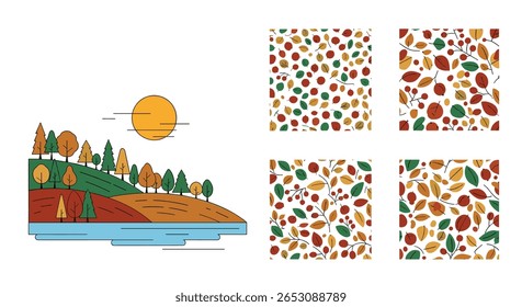 Uma Paisagem Serena De outono Com Quatro Padrões De Folhas Decorativos Exibindo As Cores Em Mudança Das Cenas Da Natureza De outono