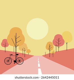 A serene autumn scene with a bicycle parked beside a road lined with colorful trees under a bright sun.
