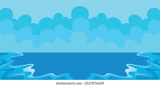 Um fundo sereno com um céu azul claro sobre um mar tranquilo. As tonalidades vibrantes criam uma atmosfera pacífica, perfeita para projetos com temas de praia, promoções de viagens ou visuais calmantes.