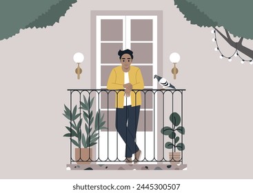 Serene Balcony Retreat With Pigeon Visitor at Dusk, A person enjoys a peaceful moment with a visiting pigeon on a cozy terrace adorned with plants and light strings