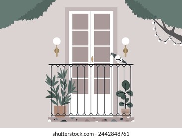 Serene Balcony Scene With Visiting Pigeon at Dusk, A tranquil terrace adorned with plants and a bird perched on the railing under soft evening lights.