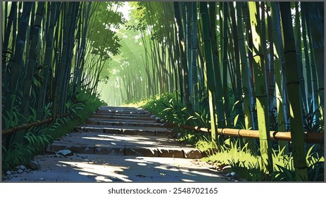 A serene bamboo forest with a winding path, dappled sunlight filtering through the tall, slender stalks, traditional Chinese painting style.