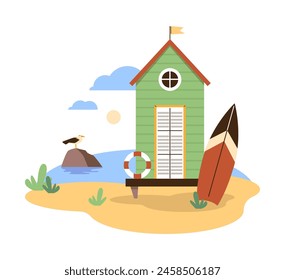 A serene beach hut with shutters, next to a surfboard on the sand. Vector illustration captures a laid-back coastal vibe with a seagull in the background.