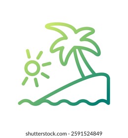 A serene beach icon featuring a palm tree, sun, and gentle waves, evoking a tropical escape.