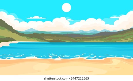 Un paisaje de playa sereno con montañas distantes y cielo despejado