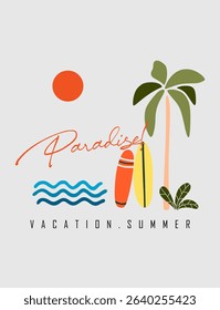 Serene beach landscape featuring palm trees, sand, and sea. Designed for clothing prints, posters, and lifestyle branding.