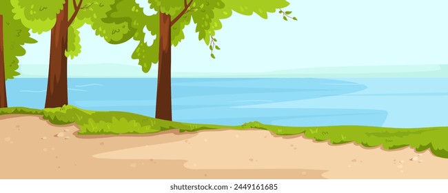 A serene beach landscape with trees, grass, and ocean in a cartoon style, set against a clear sky. Vector illustration