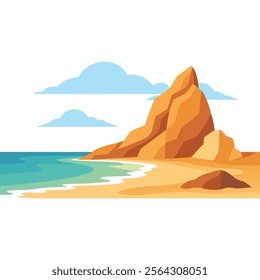 Serene beach scene featuring a prominent rock under a clear blue sky, evoking tranquility and natural beauty isolated flat vector illustration.