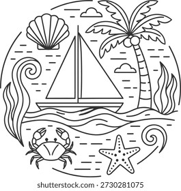 A serene beach scene featuring a sailboat, palm tree, crab, and starfish, surrounded by waves and sea elements, perfect for a relaxing and idyllic atmosphere.