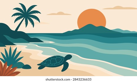 A serene beach scene featuring a turtle walking along the shore as the sun sets behind distant mountains, creating a tranquil atmosphere.