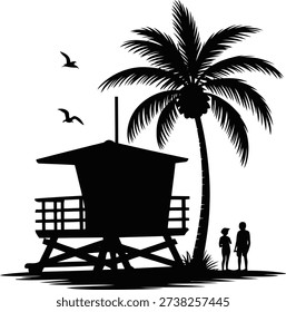Serene beach scene with lifeguard tower and palm tree
