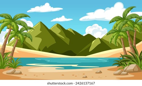 Serene beach scene with palm trees and mountains
