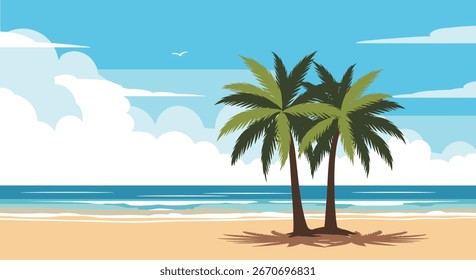 Serene beach scene with palm trees, gentle waves, and a clear blue sky with fluffy clouds.