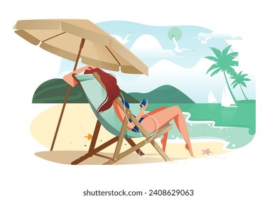 Serene Beach Scene, vector illustration. A tranquil depiction of leisure and relaxation at a tropical beach.