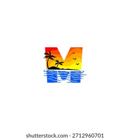Un escenario sereno de playa con olas, Elementos de palmeras y sol que forman un audaz alfabeto. Ideal para marcas de viajes, temáticas de verano, identidad de resort y logotipos de Vectores tropicales.