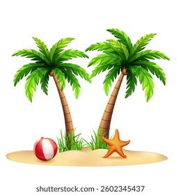 A serene beach setting featuring two tall palm trees with lush green leaves, a colorful beach ball resting on the sand, and a vibrant starfish nearby, surrounded by patches of green grass.