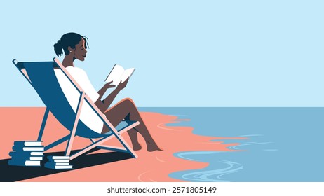 A serene beach setting with a woman seated on a blue deck chair. She is engrossed in reading a book. Beside her, on the sand, are a few stacked books.