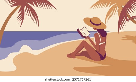 A serene beach setting with a woman sitting on the sand, engrossed in reading a book. She wears a bikini and a wide-brimmed hat, and is positioned next to a stack of books. 