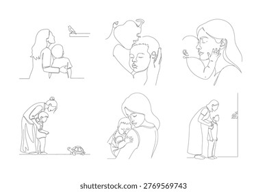 Serene beach sunset shared by mother and child, a peaceful moment of family connection captured in elegant single line art.
