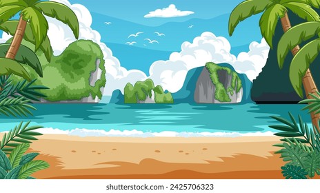 Serene beach view with lush green islands and palms