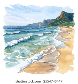 serene beach with waves vector illustration in watercolor style