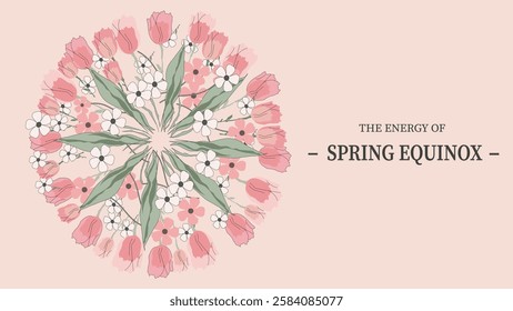 A serene and beautiful illustration of the Spring Equinox, featuring a floral mandala that symbolizes the renewal and balance of the season.