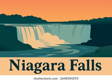 A beleza serena das Cataratas do Niágara é capturada em sua majestosa cascata de água, oferecendo vistas deslumbrantes cercadas por paisagens exuberantes.