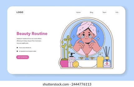 Serene beauty routine. A moment of peace in skincare, illustrated with soothing colors and a tranquil setting. Detailed depiction of a daily facial care ritual. Flat vector illustration.