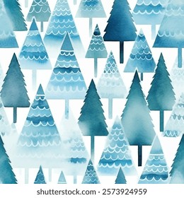 Serene beauty of a winter wonderland charming seamless patten of evergreen trees. Delightful watercolor background stylized trees in varying shades of blue, a cool and calming vector texture