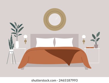 A serene bedroom featuring a minimalist bed setup, bedside tables with books, leafy plants, and a decorative round mirror above the headboard