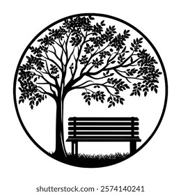 Serene Bench Under Tree Illustration. A serene black-and-white illustration of a bench under a flourishing tree symbolizes peace and relaxation.