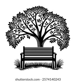 Serene Bench Under Tree Illustration. A serene black-and-white illustration of a bench under a flourishing tree symbolizes peace and relaxation.