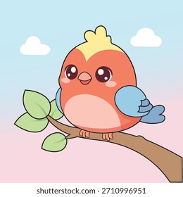 Serene Bird Resting on Tree Branch in Cartoon