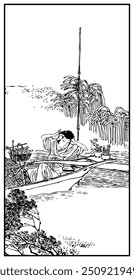 A serene black and white drawing features a boatman resting under bamboo, surrounded by a tranquil river and lush foliage, exuding a peaceful, timeless atmosphere.