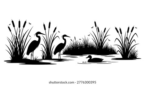 A serene black and white illustration featuring herons and a duck in a pond surrounded by cattails and water plants.