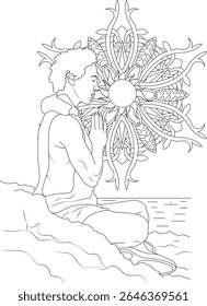 Serene Black and White Illustration of a Person Meditating in a Peaceful Pose with a Detailed Sun Mandala Background, Perfect for Spiritual Wellness, Mindfulness, Yoga, and Inner Peace Concepts.