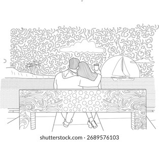 Sereno preto e branco arte da linha de um casal em um banco estampado, com vista para um belo pôr do sol do oceano com um veleiro e ilha.