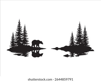 A serene black and white silhouette depicts a bear gracefully walking along a tranquil lake, its form mirrored in the still water.