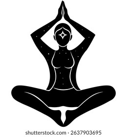 A serene black and white vector illustration depicts a person in the lotus position, ideal for representing yoga, meditation, and mindfulness.