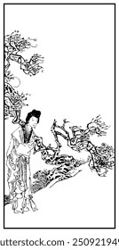 Uma serena ilustração em preto-e-branco apresenta uma figura elegantemente vestida de pé em meio a galhos de árvores intricadamente detalhados, torcendo, evocando uma atmosfera tranquila e atemporal.