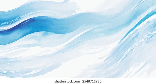 A serene blend of soft blue and white watercolor waves, with dynamic tsunami layers and a bold tropical splash, all in a flat cartoon style.