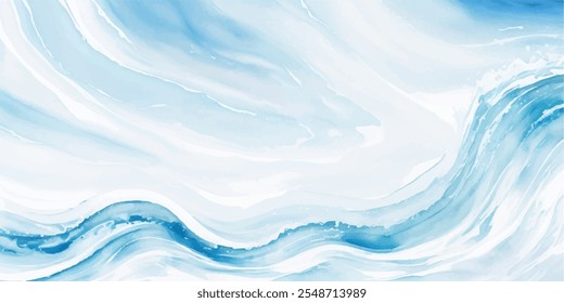 Una mezcla serena de suaves ondas de acuarela azul y blanca, con capas dinámicas de tsunami y un toque tropical audaz, todo en un estilo de dibujos animados planos.